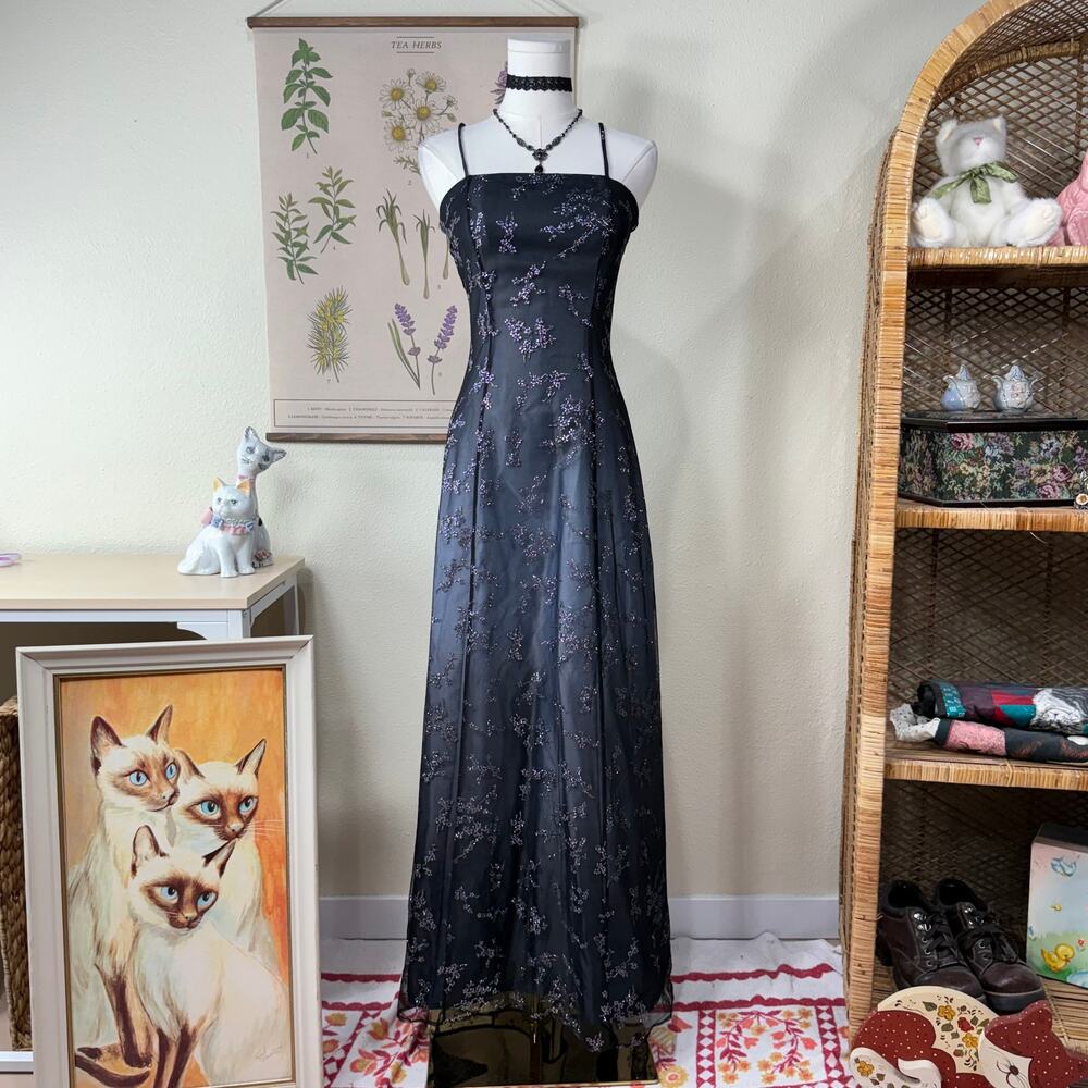 90s Y2k Glitter Floral Mesh Formal Dress Romantic Goth Dark Fairy Whimsigoth XS